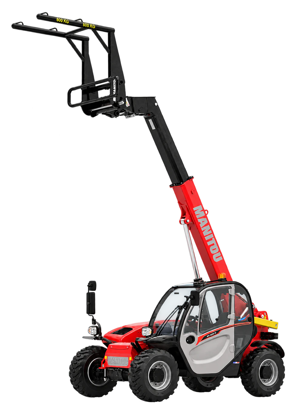 Roter Manitou Teleskopstapler mit angehobenem Ausleger