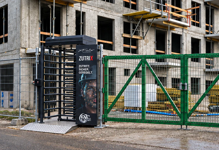 ZutriX-Drehkreuz als Zugangskontrolle, direkt in den Bauzaun integriert